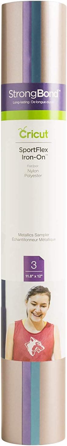 Cricut SportFlex Iron-On 28x30cm 3-sheet Sampler (Classics); Run, swing, kick, dance, do that cobra pose, and more: this flexible, stretchable iron-on material bends with the body and keeps uniforms and team gear lightweight; Customize team jerseys, or embellish uniforms, caps, yoga tops, leggings, and more; SportFlex Iron-On is highly recommended for tech fabrics like polyester and nylon; Use with all Cricut cutting machines